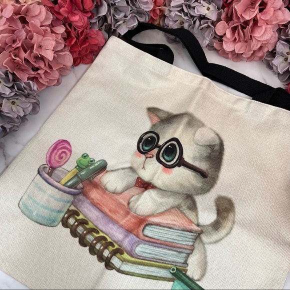 Eco-Friendly Bookworm Kitten Folding Tote Bag - Picture 7 of 15